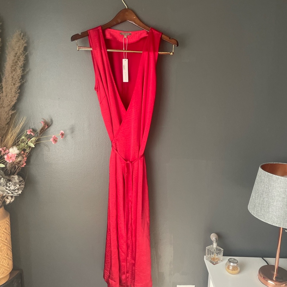 Lilla P Red Satin Wrap Midi Dress XS NWT | Sleeveless Tie Waist $228 Retail